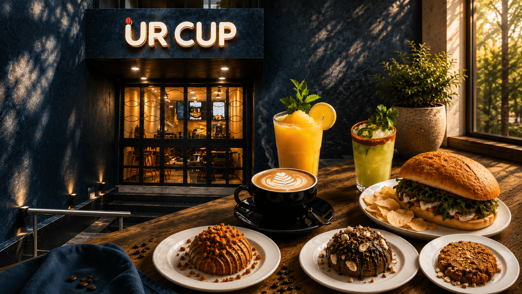 A spread of UR CUP coffee, Sober Cups and toasted sandwiches on a table at the GK1 café, New Delhi